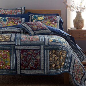 Rustic Boho Chic Floral Deep Blue Cotton Real Patchwork Bedspread Quilt Set
